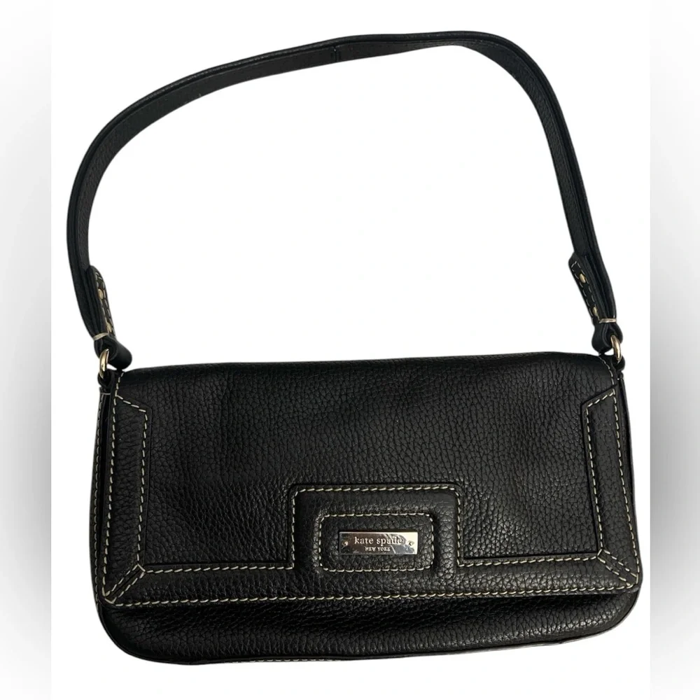 Kate Spade Black Leather Green Lined Gold Accent Shoulder Bag